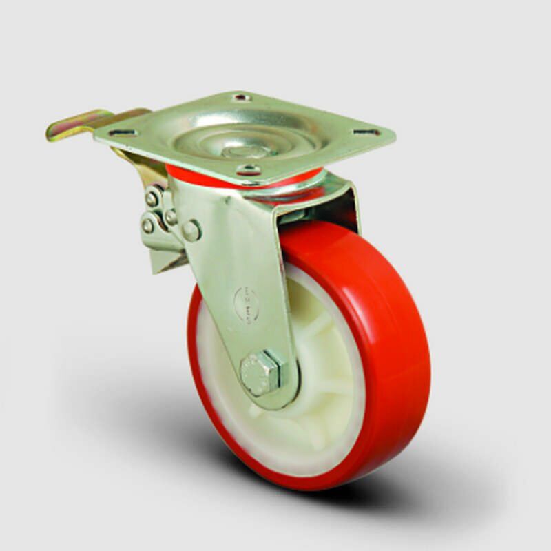 EK01ZKP100F Yanmaz Tip Döner Tablalı Frenli Poliüretan Kaplı Tekerlek Çap:100 150 Kg taşır