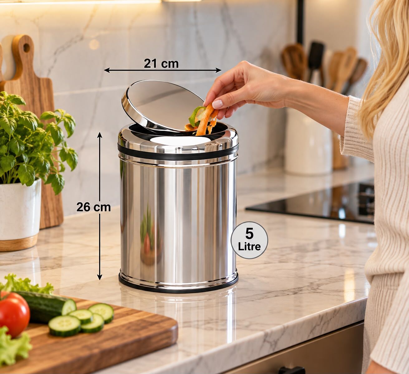 Pratik Kapak Çöp Kovası 5 Lt Paslanmaz Acar 13269